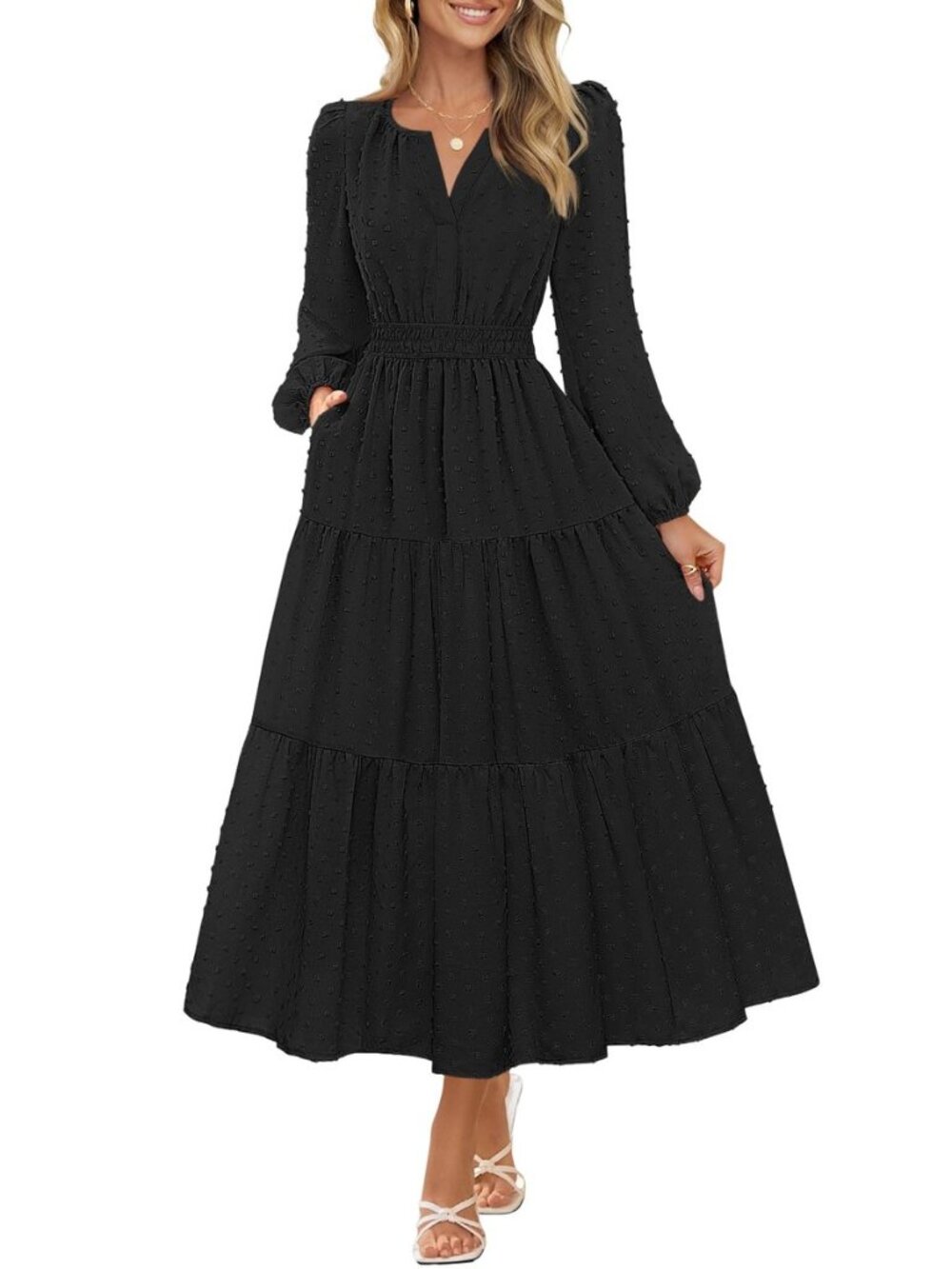 Womens Fall Long Sleeve Swiss Dots Boho Maxi Dress
